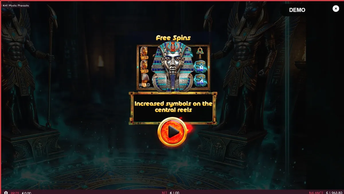 Interface do slot Mystic Pharaoh com símbolos egípcios e rolos dourados